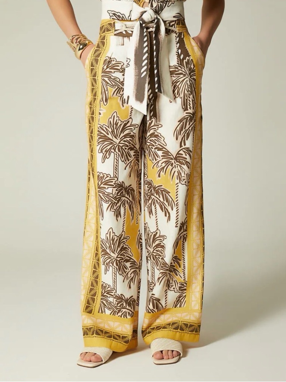 STUDIO F, Wide-Leg Palm Print Tie-Waist Pants - Yellow/Brown